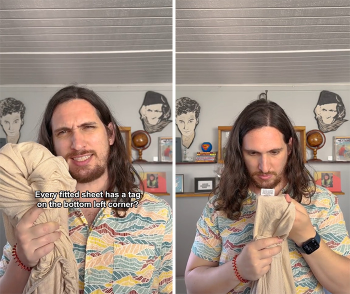 Man sharing home tips in a colorful shirt, holding fitted sheets, illustrating useful things you may want to know.