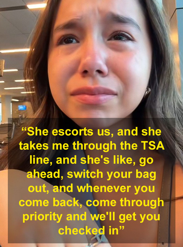 Woman upset and sobbing at airport after TSA agents humiliated her over bag mix-up incident.
