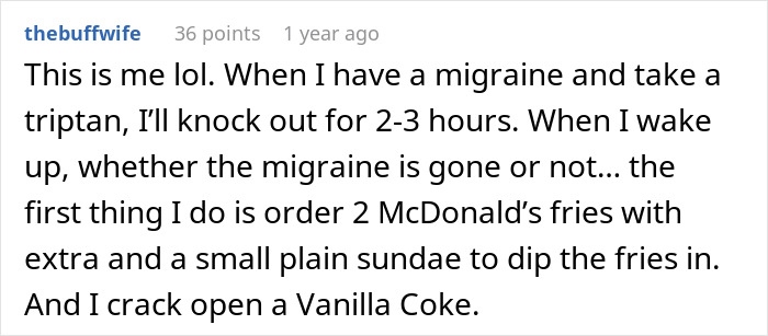 User sharing experience of using French fries and Diet Coke as a remedy for migraine relief after medication.