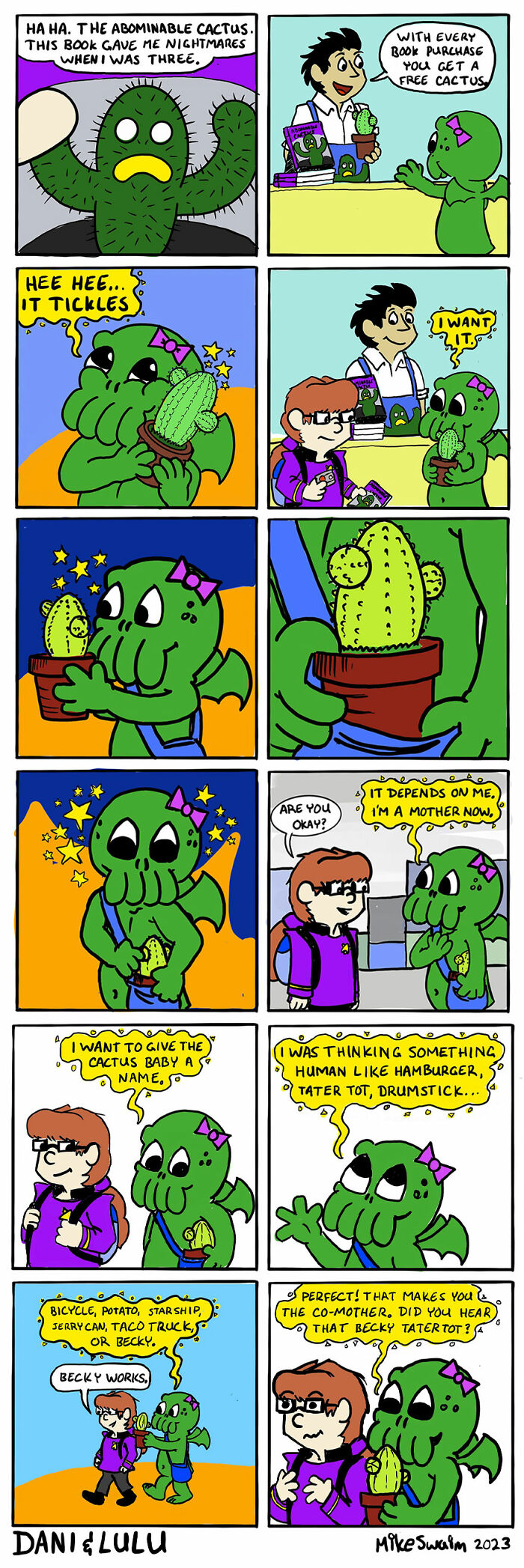 Wholesome and witty comics featuring a green creature bonding with a cactus and friends in a colorful comic strip.