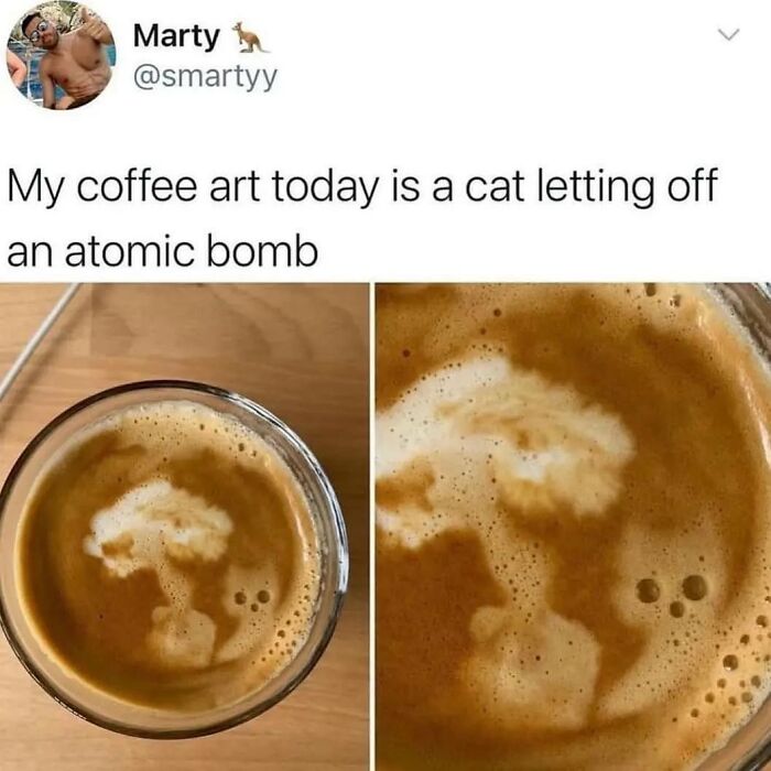 Coffee art depicting a cat letting off an atomic b**b, showcasing unique and interesting secret facts in a creative design.