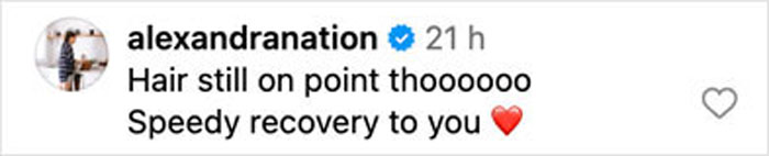 Comment on social media from Alexandra Nation wishing a speedy recovery after bike accident surgery.