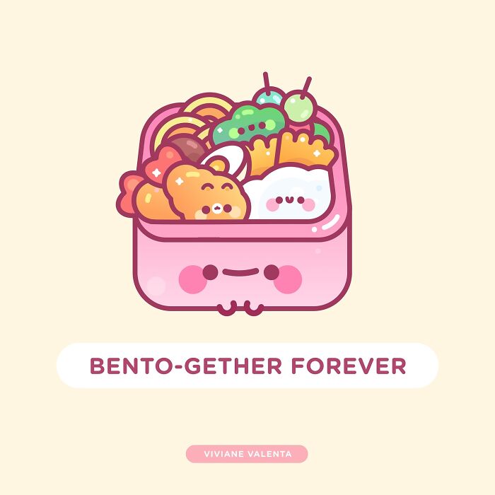 Cute illustration of a food pun featuring a smiling bento box with adorable food characters by Viviane Valenta.