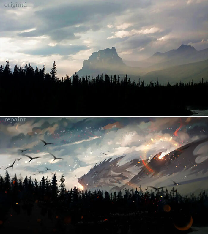 Forest landscape transformed with repainting techniques to reveal a fantastical dragon in an otherworldly scene.