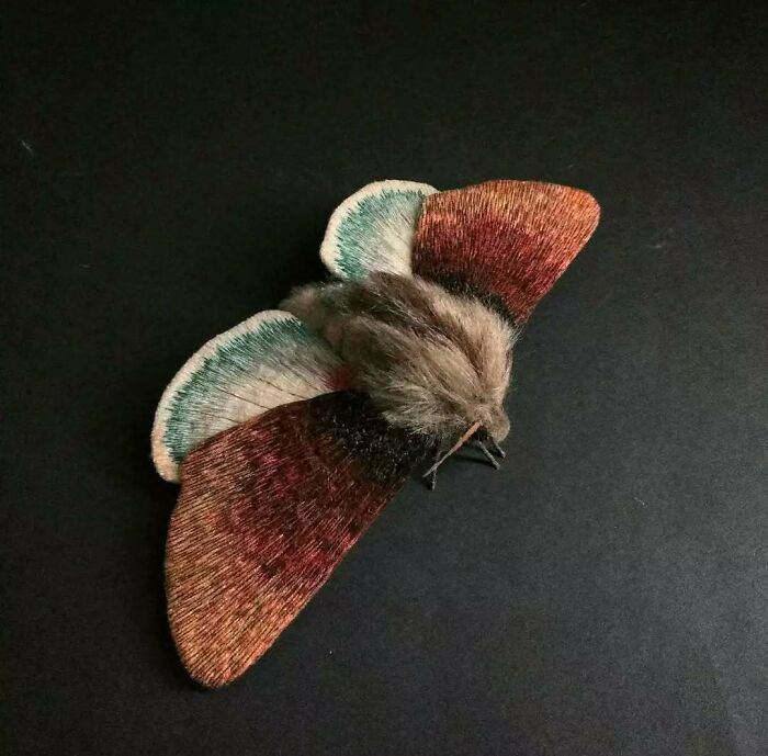 Embroidered fiber moth with detailed stitching in earthy tones and soft textures against a dark background.