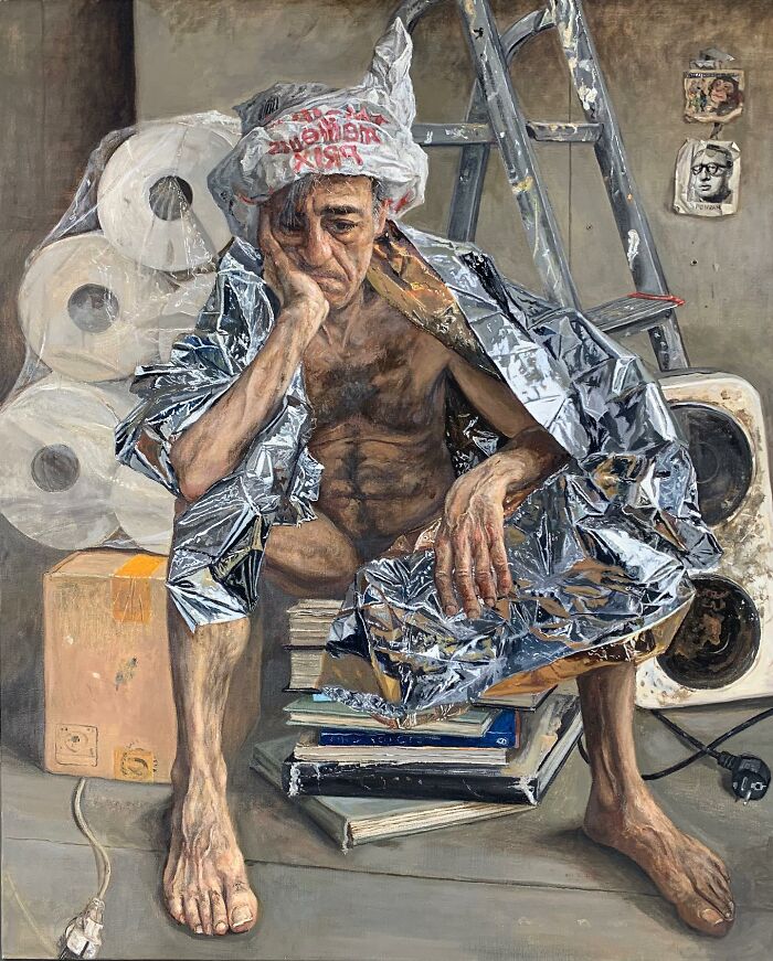 A humorous art of contradiction showing a man wrapped in foil with social tensions in a cluttered room setting.