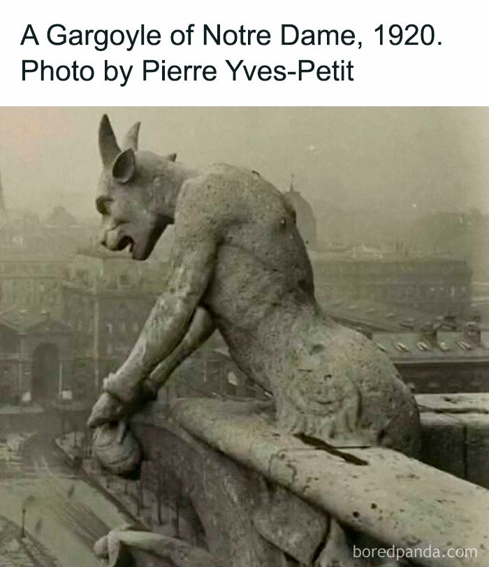 Gargoyle perched on Notre Dame cathedral overlooking city in unsettling historic black and white photo.
