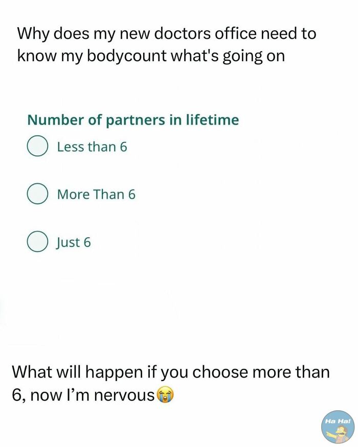 Mocking posts about doctors asking number of lifetime partners with humorous multiple-choice options and nervous reaction.