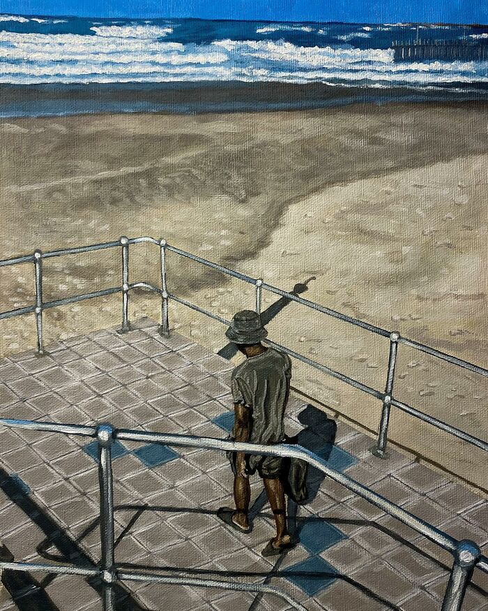 Painting of a person standing on a railing platform by the beach, exploring colours, space, and identity themes.