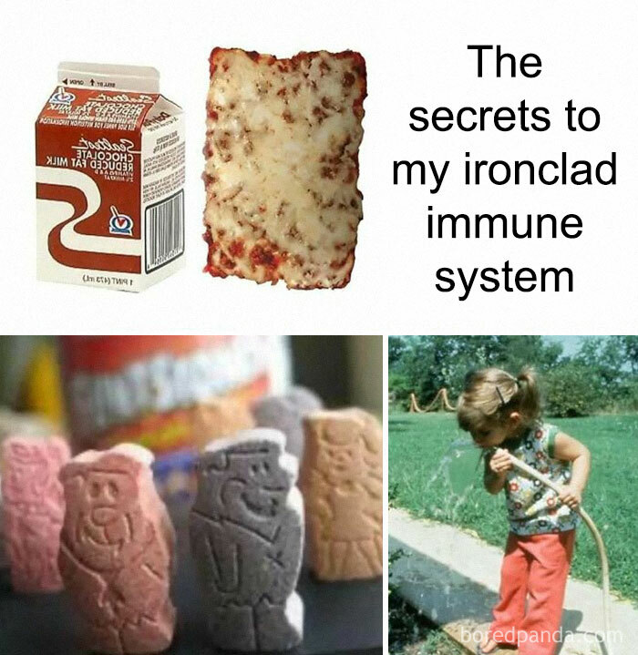 Child from the 80s blowing water, vintage cereal pieces, Totino's pizza with milk, nostalgic 80s celebration images.