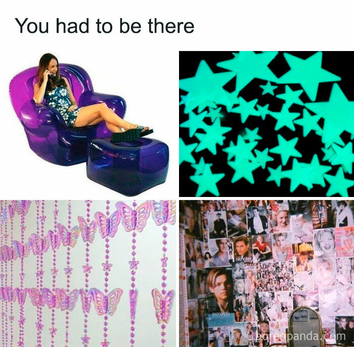 Woman sitting on a retro purple chair, glow-in-the-dark stars, butterfly beads, and a collage wall from nostalgic pics.
