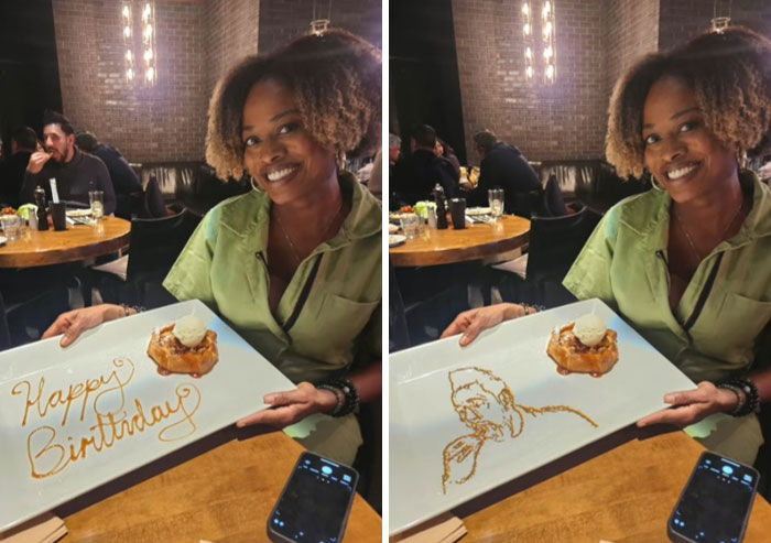 Woman smiling and holding two plates with humorous Photoshop edits on birthday dessert, showcasing literal photo requests.