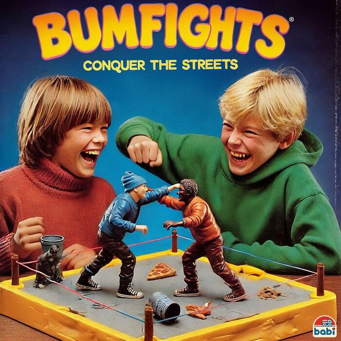 Two boys laughing while playing with dark humor toys in a miniature street fighting ring scene.
