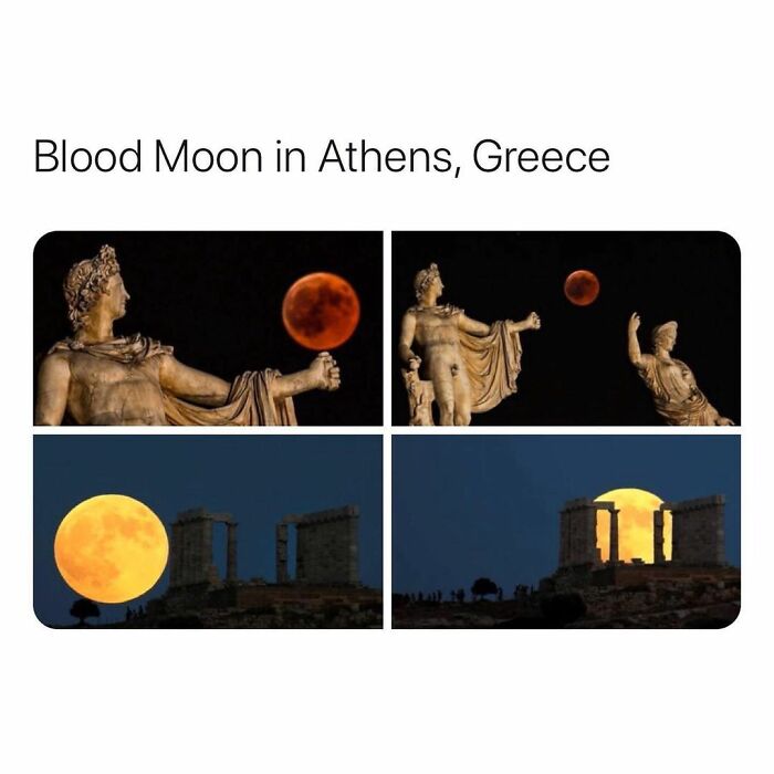Blood Moon over ancient statues and ruins in Athens Greece showcasing secret facts about amazing natural phenomena.