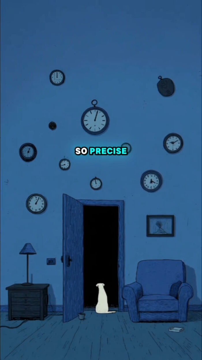 A dog sitting silently in a dark doorway surrounded by clocks, depicting what dogs go through after their human passes.