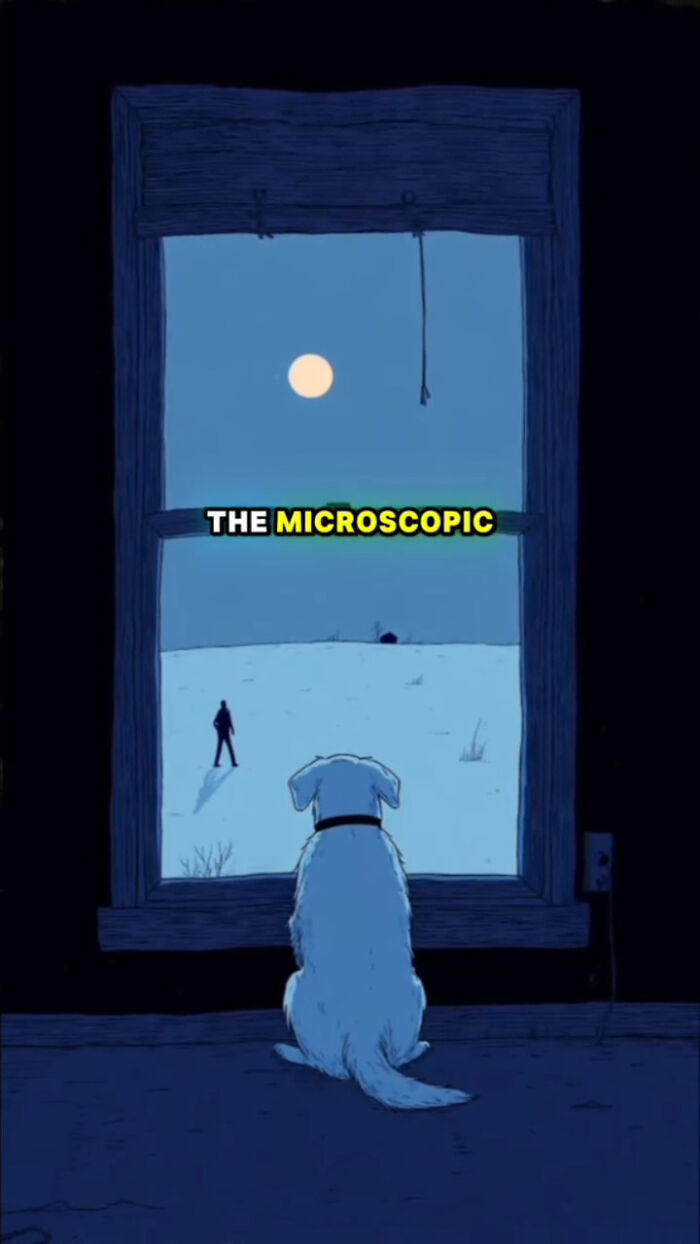 Dog sitting by a window at night, looking at a human figure in the distance, reflecting what dogs go through after loss.