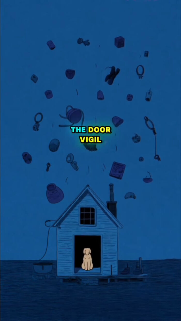 Illustration of a dog sitting in a house with floating objects, representing what dogs go through after their human passes.