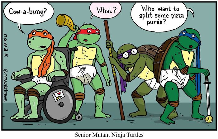 Cartoon of mutant turtles with a peculiar sense of humor, featuring absurd and humorous comic characters.
