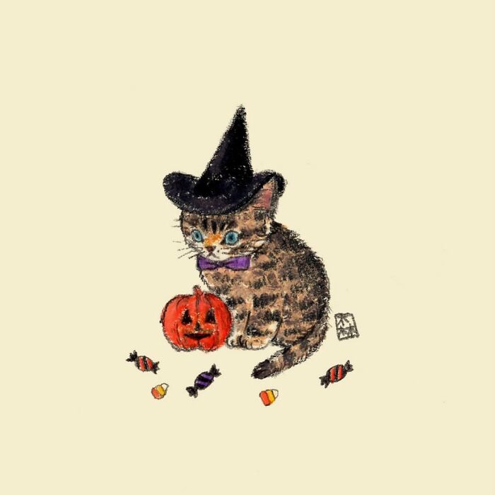 Adorable artwork of a cat in a witch hat with a pumpkin and Halloween candy, drawn by a Korean artist.