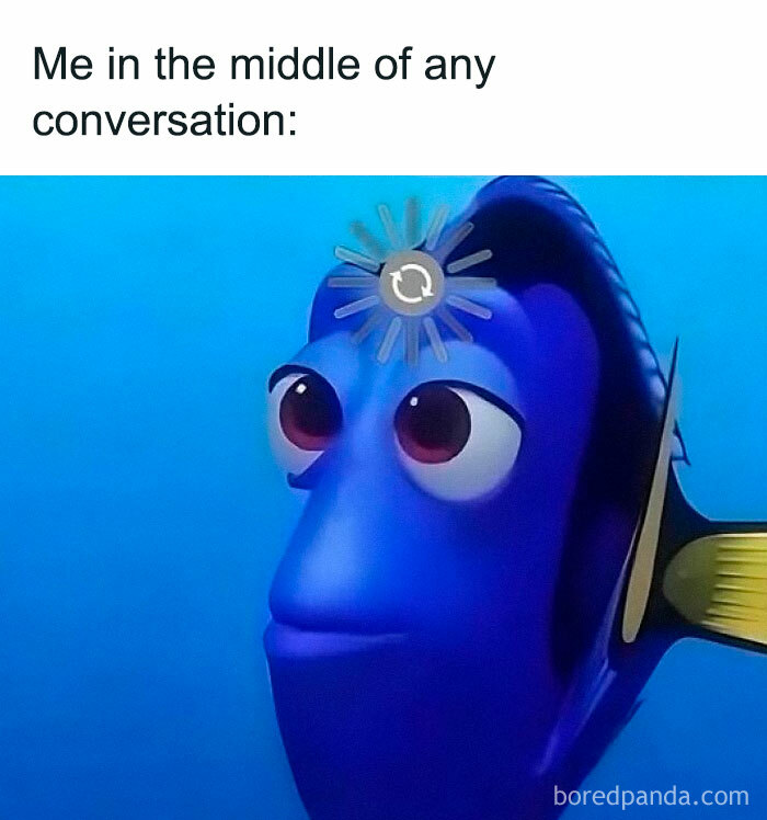 Animated fish character with loading symbol on forehead, representing a humorous meme from a hilarious Facebook meme page.