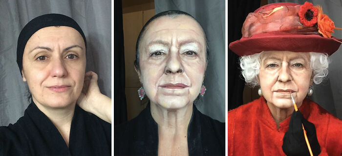 A progression of makeup transformation showing a woman aging and dressed as an elderly queen with detailed face makeup.