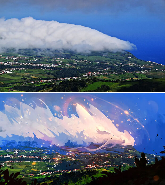 A landscape with clouds transformed into a fantastical dragon in another reality through artistic repainting.