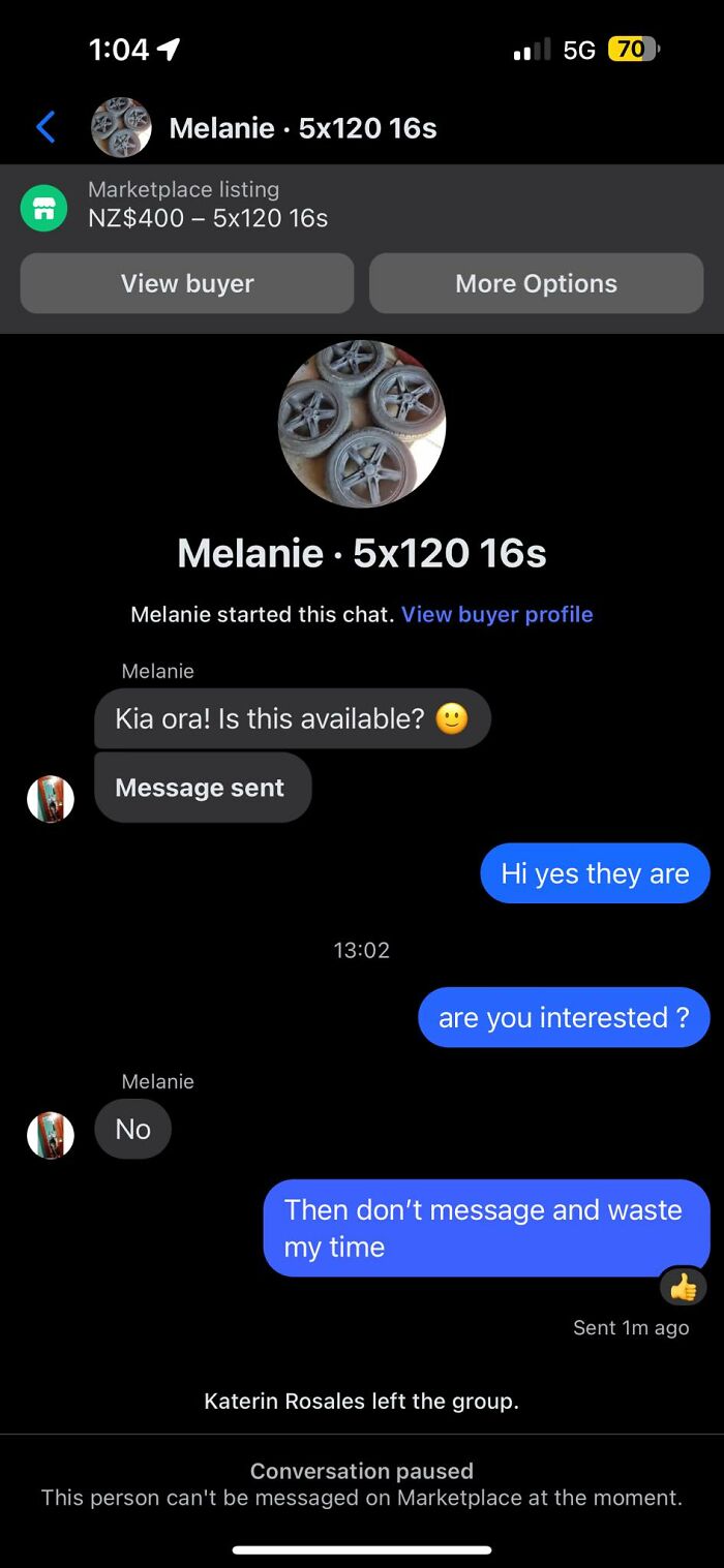 Chat message on Facebook Marketplace about wheels for sale showing a buyer declining, illustrating wildest things found for sale.