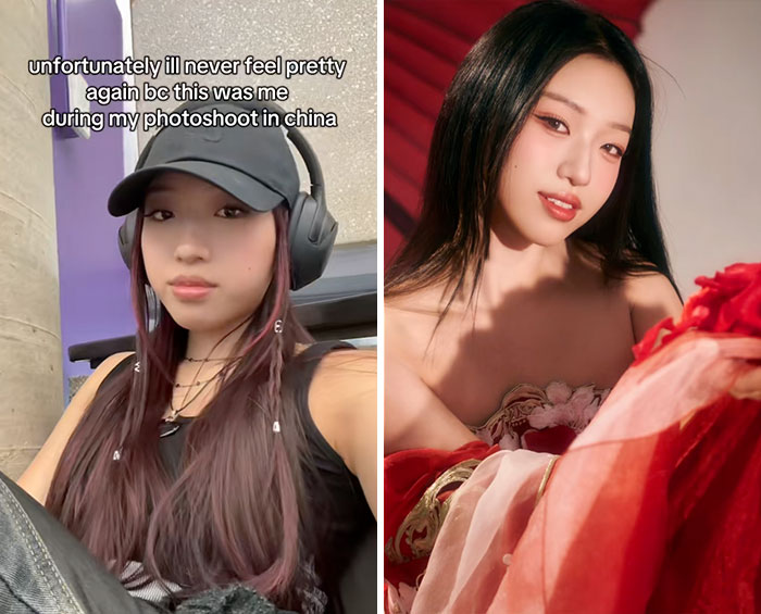 Young woman sharing glow downs trend with casual look in cap and headphones, and glamorous styled photo on the right side.
