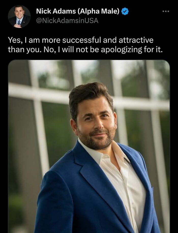 Screenshot of a provocative social media post featuring an arrogant man, illustrating outrageous hot takes shared publicly.