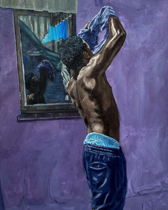 Male figure changing shirt near window reflecting his image, vivid use of colors and space highlighting identity in painting.