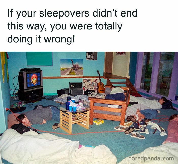 Group of kids sleeping on the floor and furniture after a sleepover, capturing nostalgic memories from childhood nights.