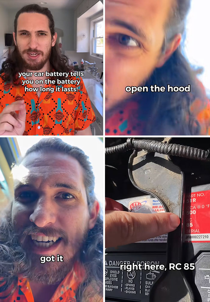 Man in an orange shirt explaining car battery tips with close-ups of car parts in a casual indoor and outdoor setting.