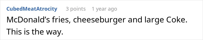 Comment text reading McDonald&rsquo;s fries, cheeseburger and large Coke, discussing how fries and Diet Coke may treat a migraine.