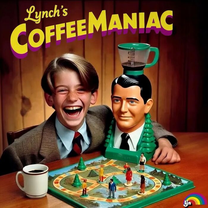 Boy laughing next to a dark, humorous toy coffee maker game, illustrating hilariously dark toys not meant for kids.