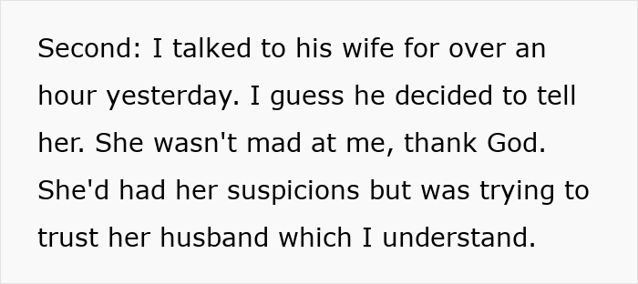 Text excerpt showing a woman talking about speaking with her boyfriend&rsquo;s secret wife amid suspicions before childbirth.
