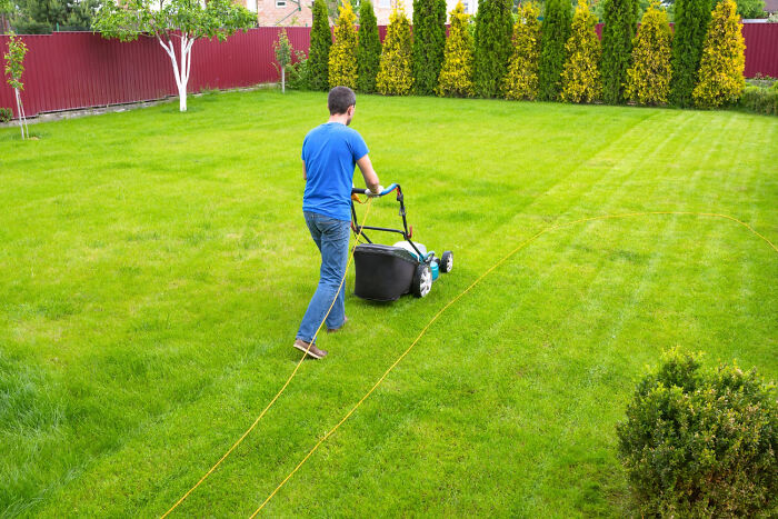 Man mowing a well-maintained lawn with an electric lawn mower in a suburban backyard on a sunny day