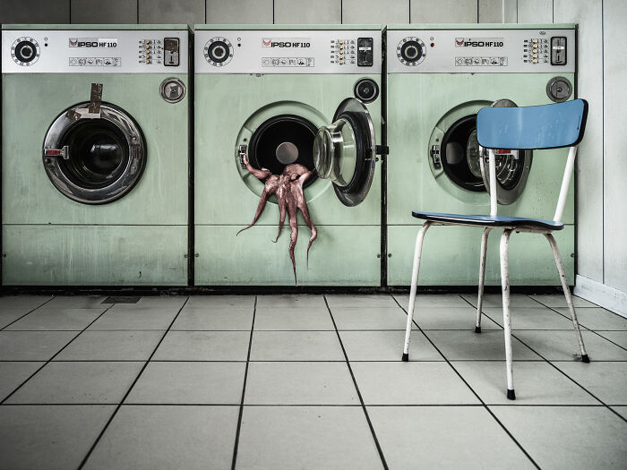 Creative food photography showing an octopus emerging from a washing machine in a surreal world food photography shot.