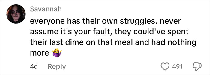 Comment from Savannah about not assuming fault in struggles, related to waitress left upset after reviewing her tips for the day.