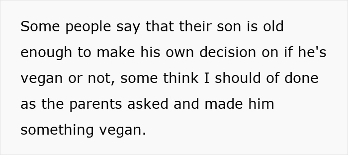 Text discussing parents forcing teen son to be vegan and reactions when they discover he ate meat at a friend’s house. Text discussing parents forcing teen son to be vegan and reactions when they discover he ate meat at a friend’s house.