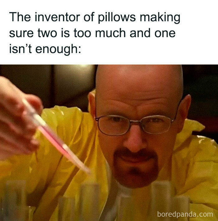 Man in a yellow suit and glasses carefully adding liquid to test tubes in a hilarious memes post about pillows.
