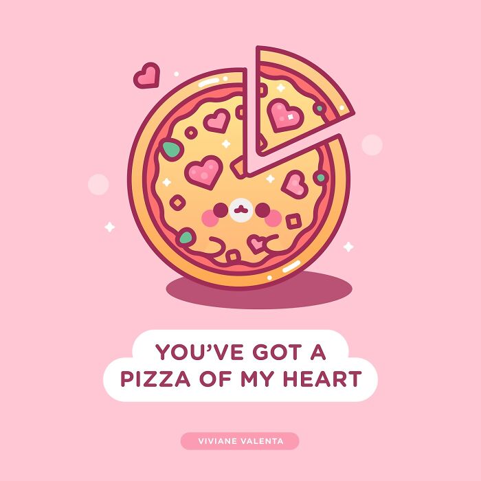 Cute pizza illustration with heart-shaped toppings and food puns, part of adorable food puns and cute frogs art by Viviane Valenta.