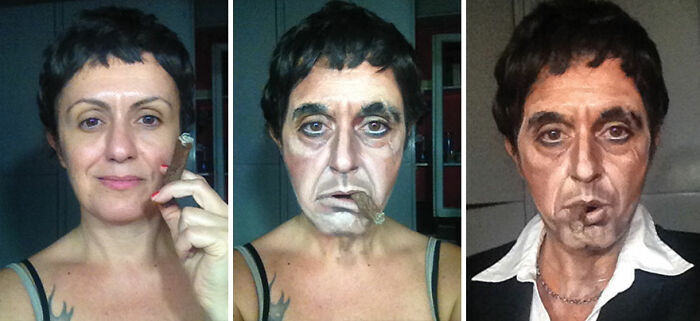 Makeup artist transforming face with detailed contouring and shading into a dramatic character look with cigar accessory.