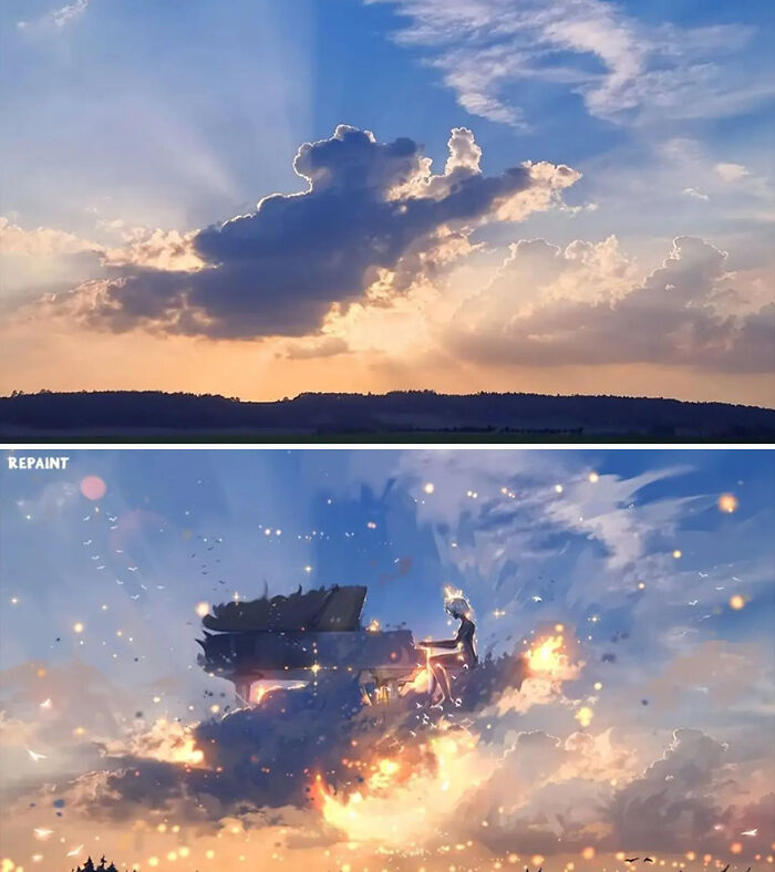 Cloudy sky at sunset transformed by artist into a fantastical world with glowing effects, showcasing creative repainting of photos.