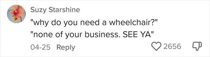 Comment from Suzy Starshine addressing harassment about needing a wheelchair related to woman with POTS using a car.