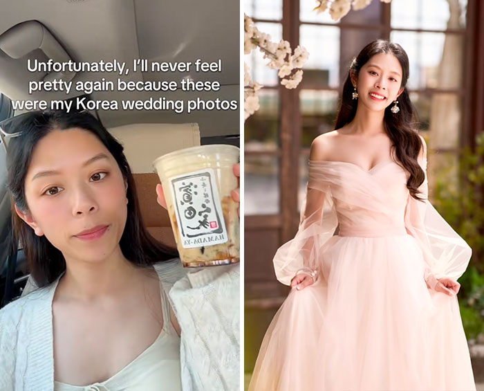 Side-by-side images of a woman sharing glow downs trend with casual and wedding dress looks.