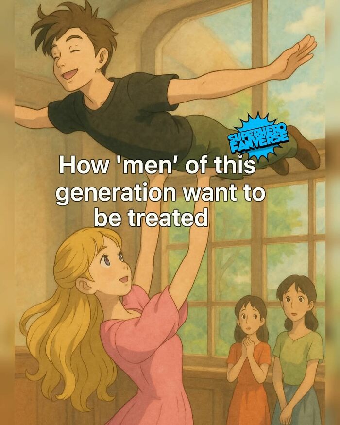 Animated scene of a girl lifting a boy with text about how men of this generation want to be treated hot takes meme.