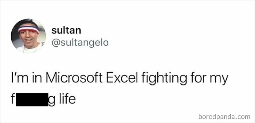 Twitter meme post showing a frustrated user joking about fighting for their life while using Microsoft Excel, funny meltdown meme.