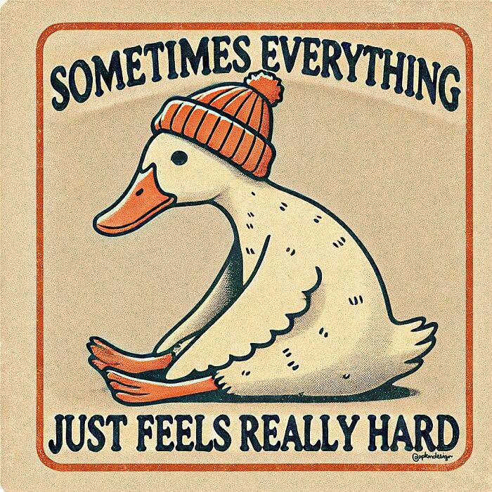 Illustration of a sad duck wearing a red hat, expressing vulnerable thoughts through art therapy and emotional creativity.