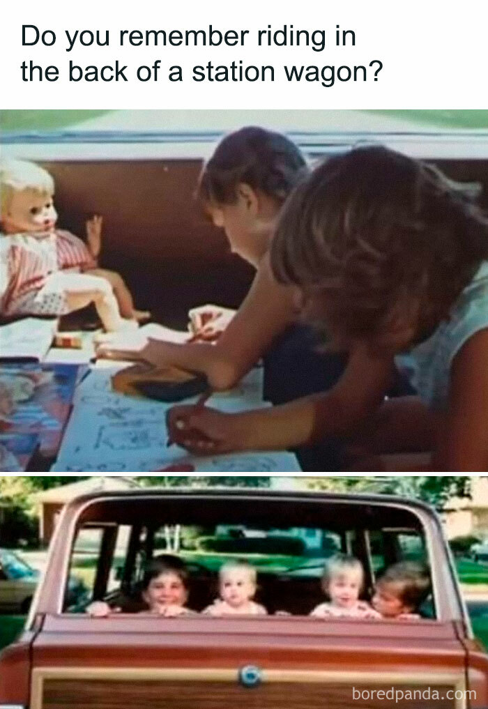 Kids riding and drawing in the back of a station wagon, nostalgic scene from 80s posts celebrating the good old 80s.