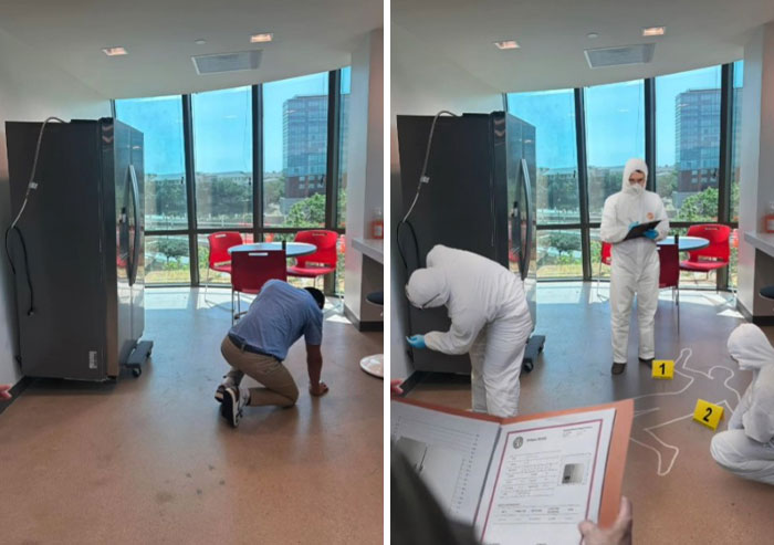 Before and after hilarious Photoshop edits showing a crime scene investigation in an office setting by a creative artist.